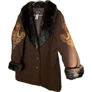 BOB MACKIE Wearable Art Hooded Jacket Embroidered Rooster Design Cuffed SZ Med